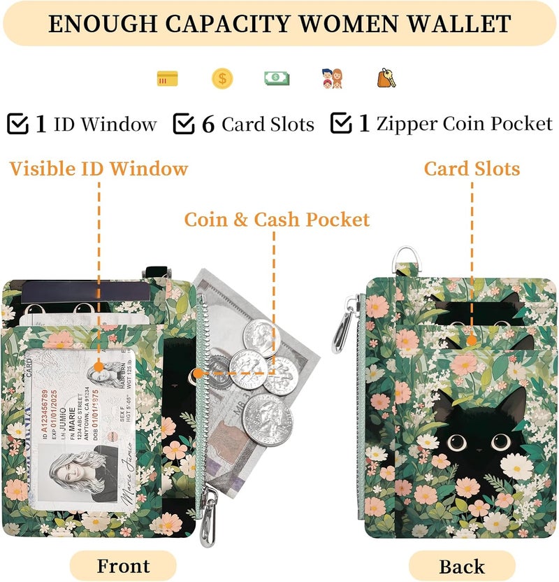 Hancynir Slim Wallet Women Credit Card Holder Cute Black Cat Floral RFID Small Mini Card Case Front Pocket PU Leather Thin Travel Zipper Coin Cash ID Window Girls Wallet Gifts - Image 3
